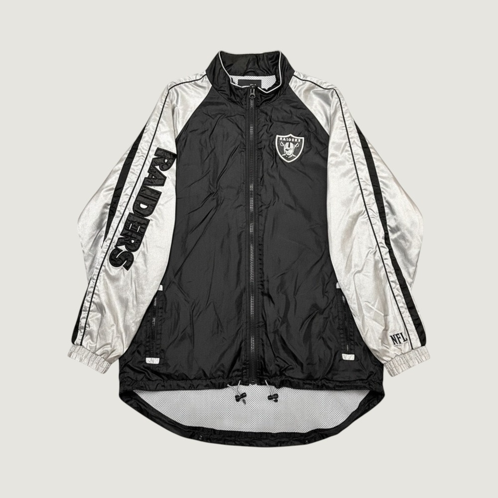 VTG NFL Raiders Windbreaker Jacket Black Silver Full Zip Mesh Lined Mens Large